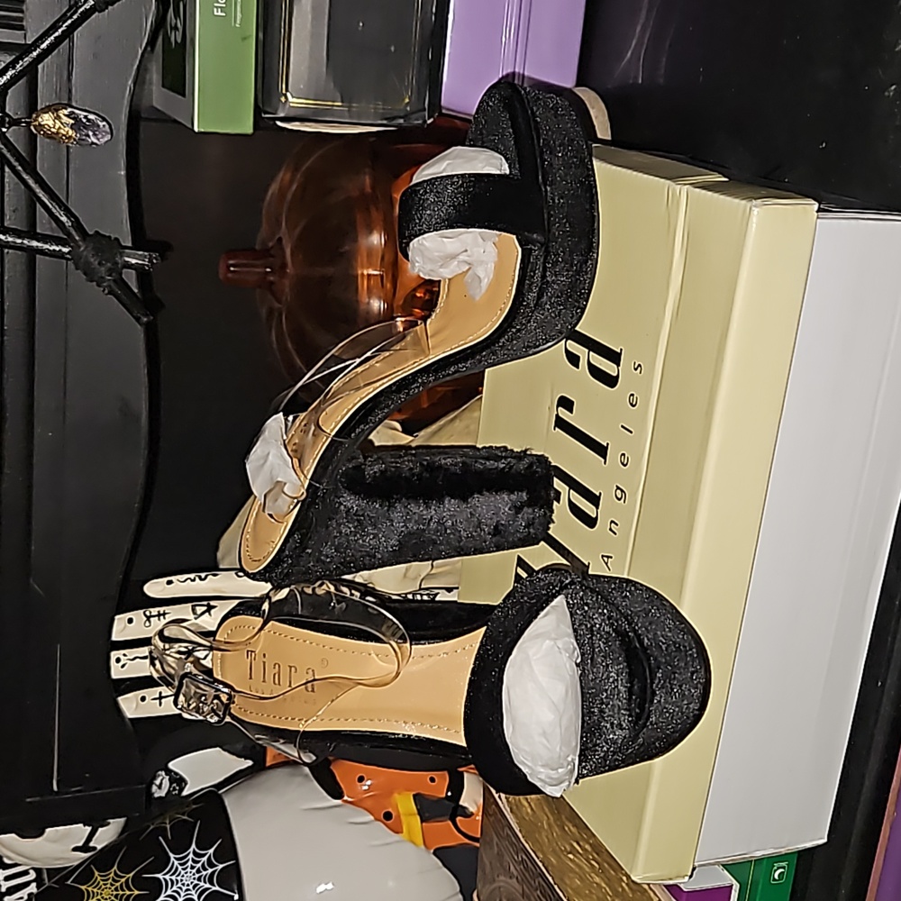 Tiara Black Faux Fur Velvety Chunky 90s Style High Heels with Clear Ankle Strap